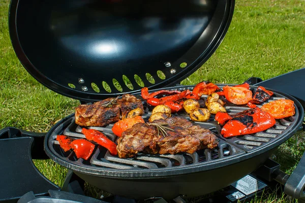 Hovězí steak a grilovanou zeleninu v přírodě — Stock fotografie