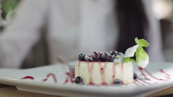 Día Soleado Hermosa Dama Negocios Morena Restaurante Disfrutando Postre Mokachino — Vídeos de Stock