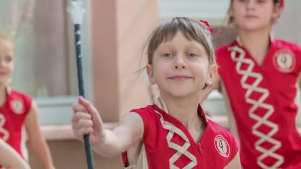 Girls Practising Dancing Majorette Sticks — Stock Video