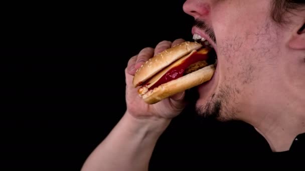 年轻的已婚男子咬入美味的汉堡包 上面覆盖着种子 里面装满了鸡肉汉堡和羊奶酪 — 图库视频影像