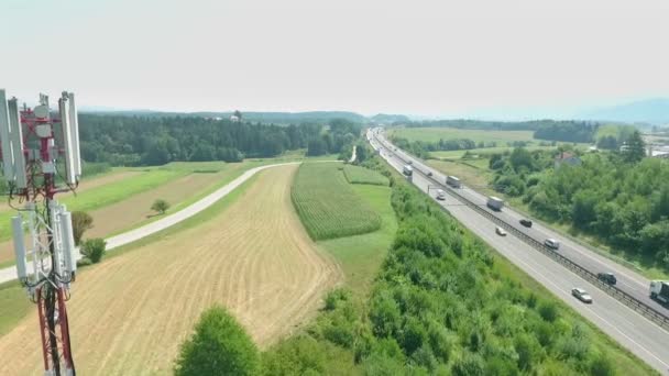 Carretera Llena Diferentes Vehículos Colocados Campo Impresionante Verano — Vídeo de stock