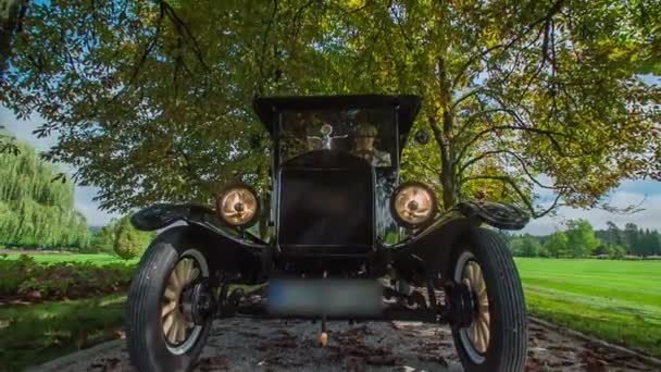 Avenue Stojí Staré Auto Rozsvítí Jeho Světla Avenui Spousta Listů — Stock video