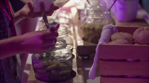 Cute Female Guest Carefully Putting Pickled Cucumber Mushrooms Plate — Stock Video