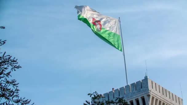 Удивительный Флаг Любляны Расположенный Вершине Башни Замка Медленно Хлопающий Солнечный — стоковое видео