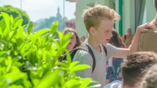 Ragazzi Stanno Chiacchierando Fuori Dalla Scuola Una Bella Calda Giornata — Video Stock