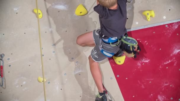 Versucht Ein Junger Student Ganz Oben Auf Die Kletterwand Klettern — Stockvideo