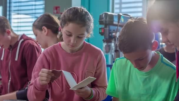 Παιδιά Στην Τάξη Χειροτεχνίας Βάζουν Αντικείμενα Μαζί Μια Κόλλα Φαίνονται — Αρχείο Βίντεο