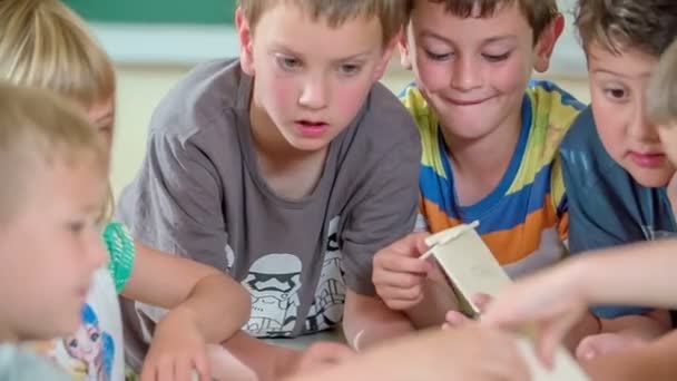 Çocuklar Sınıfta Bir Araya Toplanır Öğretmenin Onlara Yapmaları Için Talimatlar — Stok video