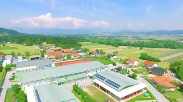 Really Sunny Day Village Can See School Hills Background Aerial — Stock Video