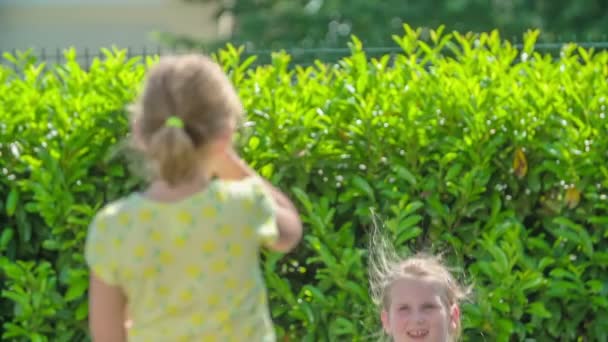 2人のかわいい女の子がブランコで遊んでいるとき笑っています 暖かい晴れた日で 子供たちは新鮮な空気の中で外で遊ぶことができます — ストック動画