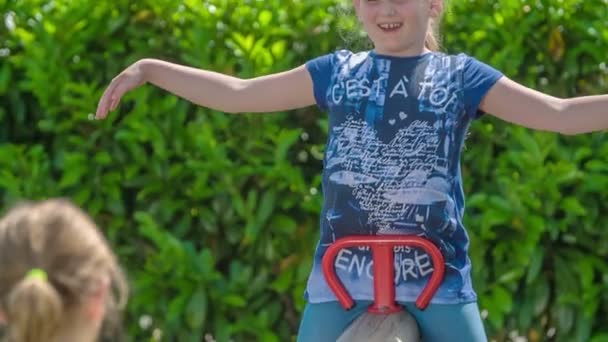 Two Girls Pretending Birds Swinging Swing Warm Summer Day — Stock Video