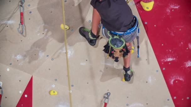 Uno Los Estudiantes Está Tratando Subir Cima Pared Escalada Gimnasio — Vídeo de stock