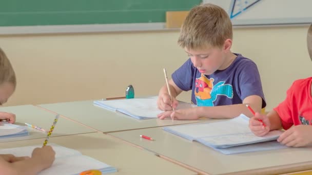 Einige Schüler Schreiben Ihre Notizbücher Und Andere Hören Ihrem Lehrer — Stockvideo