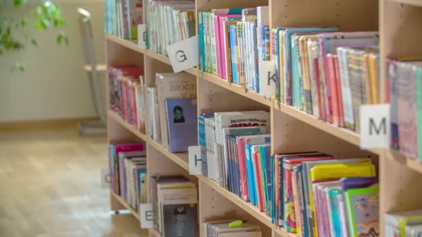 Κόρες Παίρνουν Βιβλιοθήκη Και Ανυπομονούν Πάρουν Νέα Βιβλία Υπάρχουν Πολλά — Αρχείο Βίντεο
