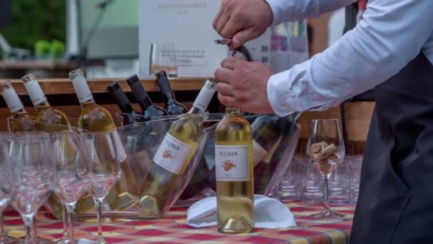 Barman Colocando Abridor Garrafa Vinho Cortiça — Vídeo de Stock