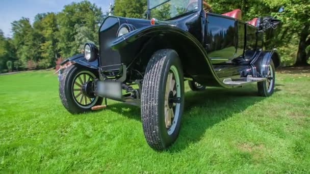 Bonito Coche Vintage Brillante Está Pie Sobre Hierba Verde Una — Vídeos de Stock