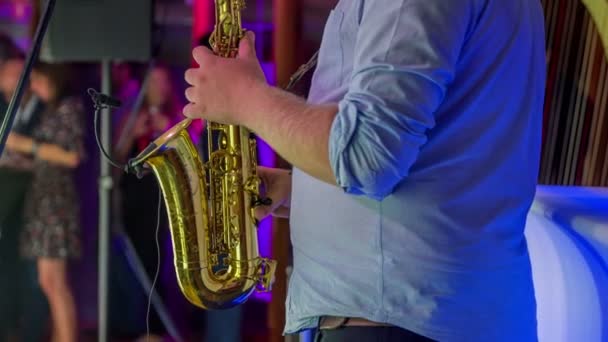 Young Male Light Blue Shirt Slowly Sensually Playing Saxophone Entertaining — Stock Video