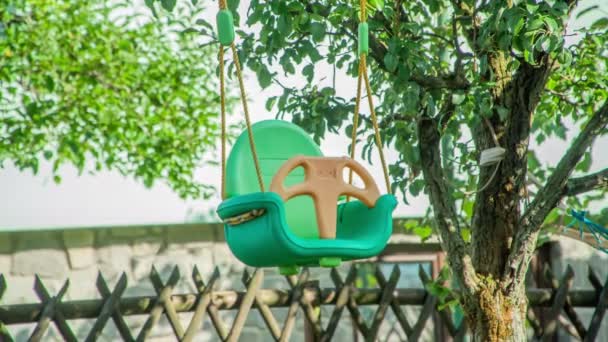 Plastikschaukel Hängt Baum Und Schaukelt Einem Sonnigen Sommertag Sanft Garten — Stockvideo