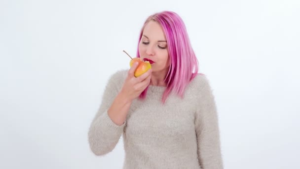 Taking Stem Young Woman Biting Delicious Pear — Stock Video