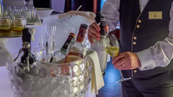 Garson Elinde Beyaz Şarap Kadehi Içine Buz Koyar Bardağa Daha — Stok video