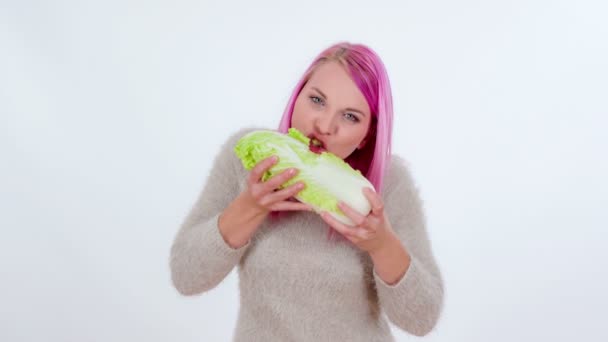 Young Woman Eating Radicchio She Enjoying — Stock Video