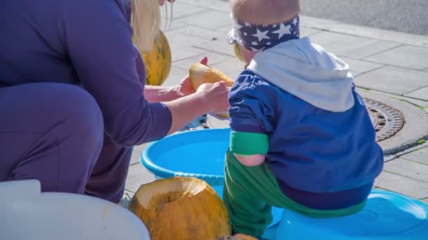 Halloween Time Small Boy Helping His Mom Clean Pumpkins Putting — ストック動画