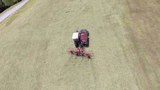 Farmer Diligently Working Preparing Hay Aerial Shot Agricultural Machinery Moving — Stock Video