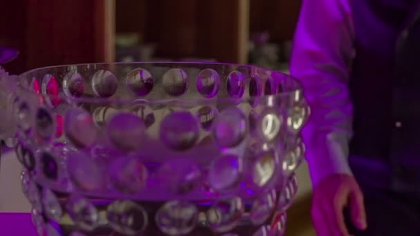 Bartender Walking Huge Glass Bowl Full Water Takes Pours Water — Stock Video