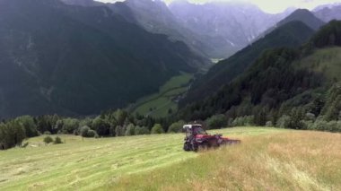 Bir çiftçi böylesine güzel bir günde böylesine güzel bir yerde saman hazırlamaktan zevk alıyor. Hava görüntüsü.