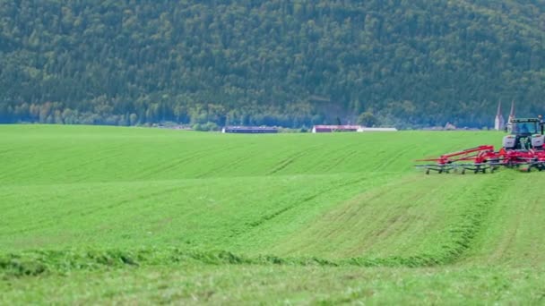 Два Красных Трактора Должны Подстричь Траву Своей Сельскохозяйственной Техникой Большом — стоковое видео