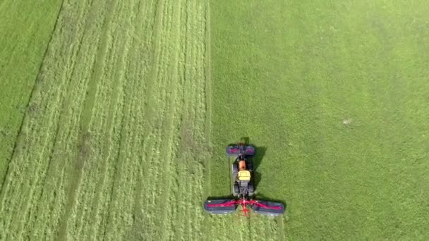 Die Eine Hälfte Der Wiese Ist Bereits Gemäht Luftaufnahme Der — Stockvideo