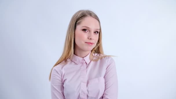 Young Woman Beautiful Make Bites Her Lower Lip Camera — Αρχείο Βίντεο