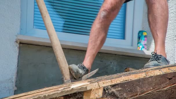 Elder Worker Trying Hard Demolish Solid Wooden Jutting Roof Pickax — Stock Video