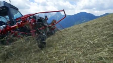 Kırmızı bir traktör tepede sürüş ve etrafında saman hareket ediyor ve saman makinenin her iki tarafında uçuyor.