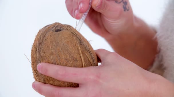 Young Woman Putting Straw Coconut She Starts Drinking — Stock Video