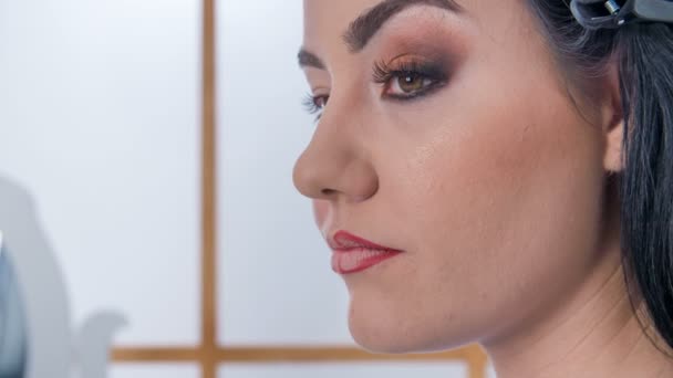 Lado Cara Del Cliente Está Terminado Maquillador Aplicado Maquillaje — Vídeos de Stock