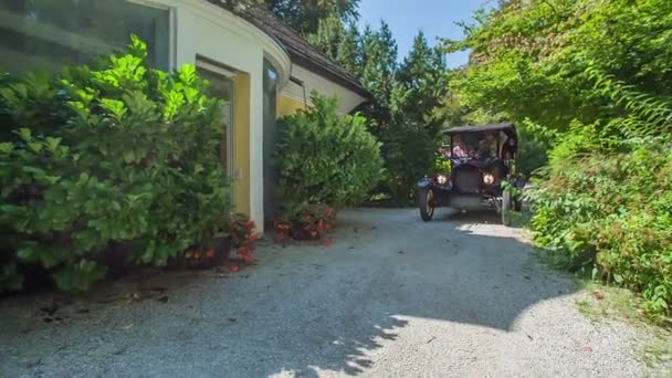 Young Woman Smiling Waving Two Men Who Driving Vintage Car — Stock Video