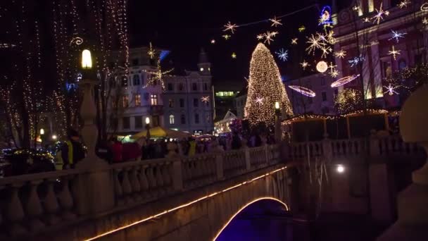 Люди Стоят Мосту Наслаждаются Празднованием Рождества Красивой Елкой Заднем Плане — стоковое видео