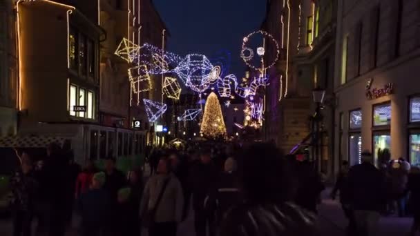 Pessoas Desfrutando Enquanto Caminham Pela Rua Lindamente Decorada Liubliana Eslovênia — Vídeo de Stock