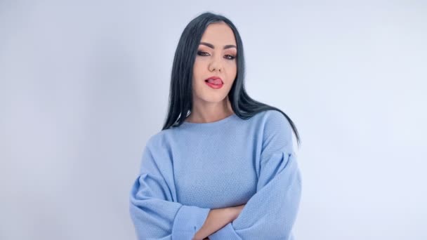 Young Woman Poses Front Camera She Licks Her Upper Lip — Αρχείο Βίντεο