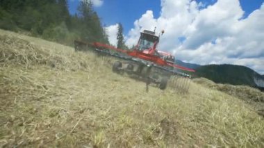 Kırmızı bir traktör tepede sürüyor ve saman hazırlıyor. Saman sırayla düzenlenmiştir. Gün güneşli ve harika.