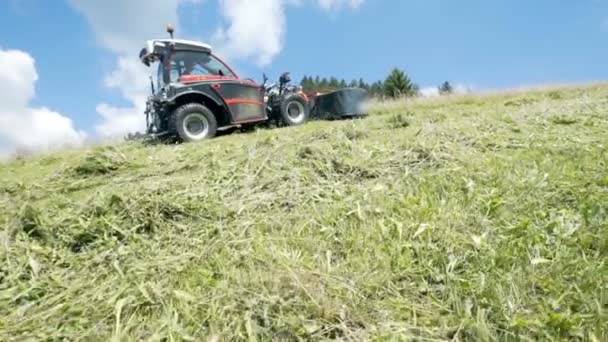 農家は素敵な夏の日に草の切断機械で草を切っています — ストック動画