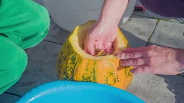 Moeder Haalt Pompoenpitten Uit Pompoen Haar Kinderen Helpen Haar Met — Stockvideo