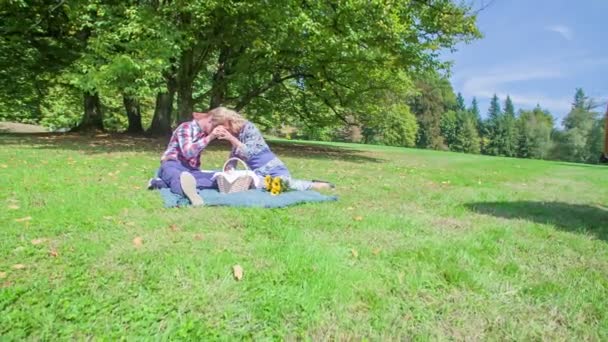 Young Couple Very Romantic Sitting Blanket Park Holding Each Other — Stock Video