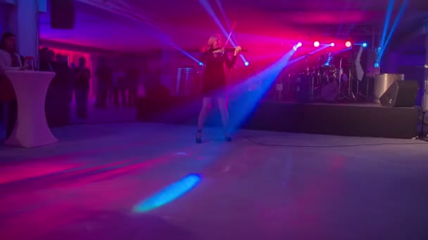 ザレック スロベニア 2017年12月 ヴァイオリニストは観客の前で演奏を楽しんでいます 部屋は暗いが 彼女のエネルギーと音楽は部屋全体を包み出す — ストック動画
