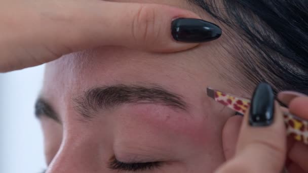 Formando Cejas Maquillador Arranca Las Cejas Del Cliente Con Pinzas — Vídeos de Stock