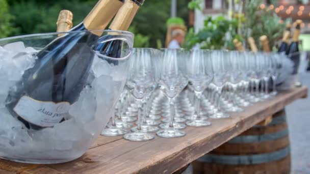 Bancone Bar Con Tanti Bicchieri Cristallo Vuoti Bottiglie Champagne — Video Stock