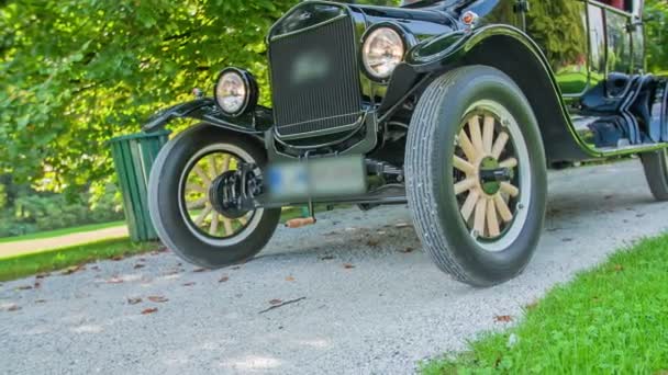 Wheels Start Turning Vintage Car Starts Moving Road Gorgeous Spring — Stock Video