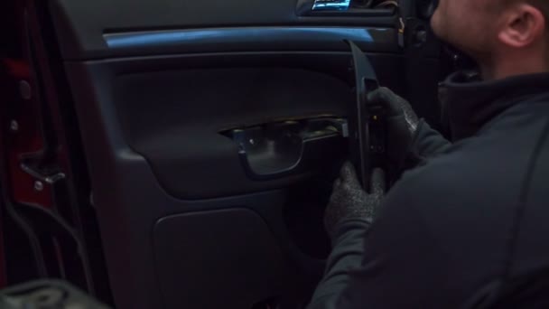 Young Mechanic Fixing Driver Door Vehicle Wearing Safety Glasses — Stock Video