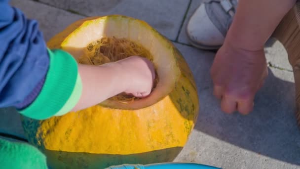 Hora Halloween Niño Pequeño Está Ayudando Madre Limpiar Las Calabazas — Vídeo de stock